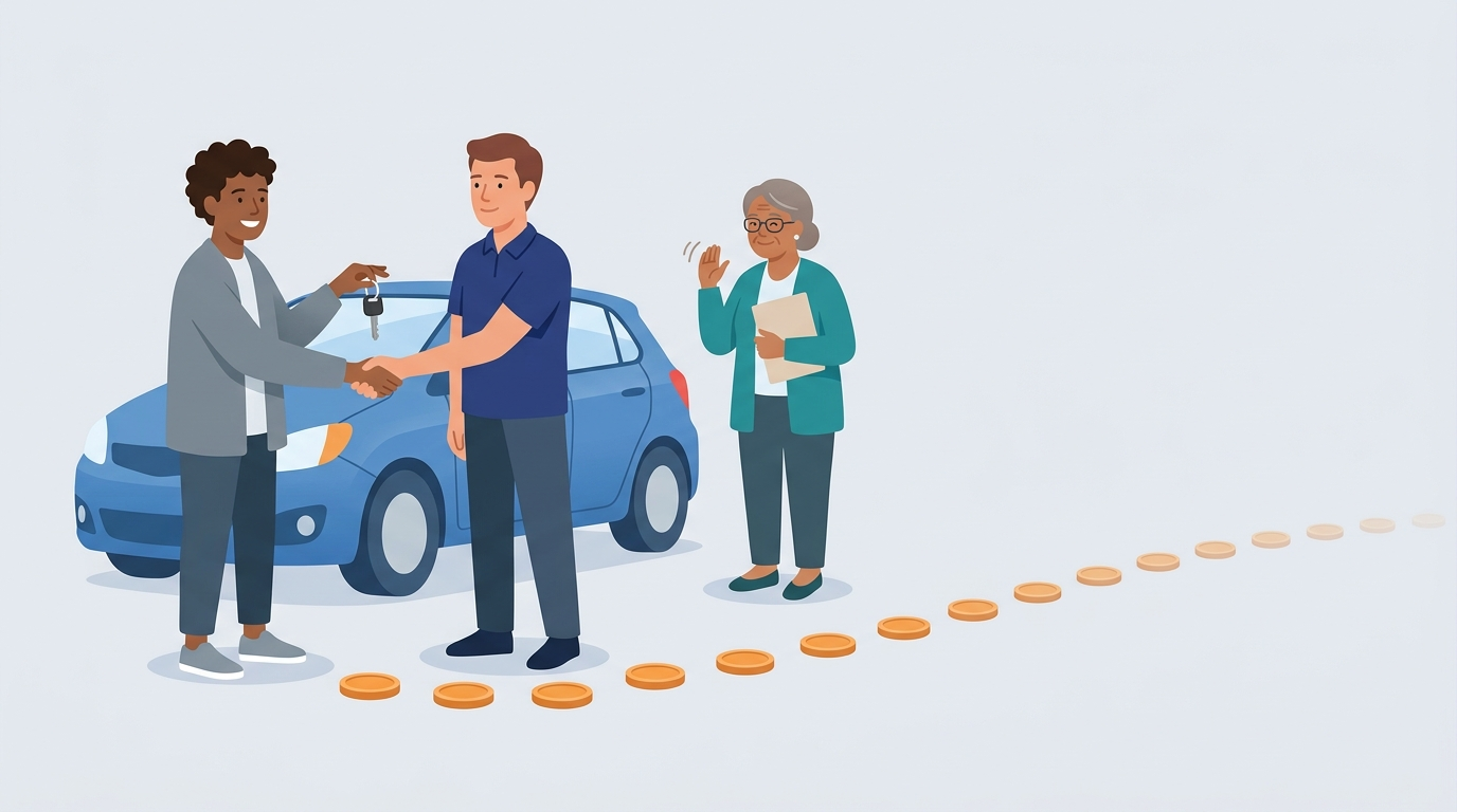 A dealer hands car keys to a buyer while a lender looks on; a path of coins stretches into the distance to show payments over time