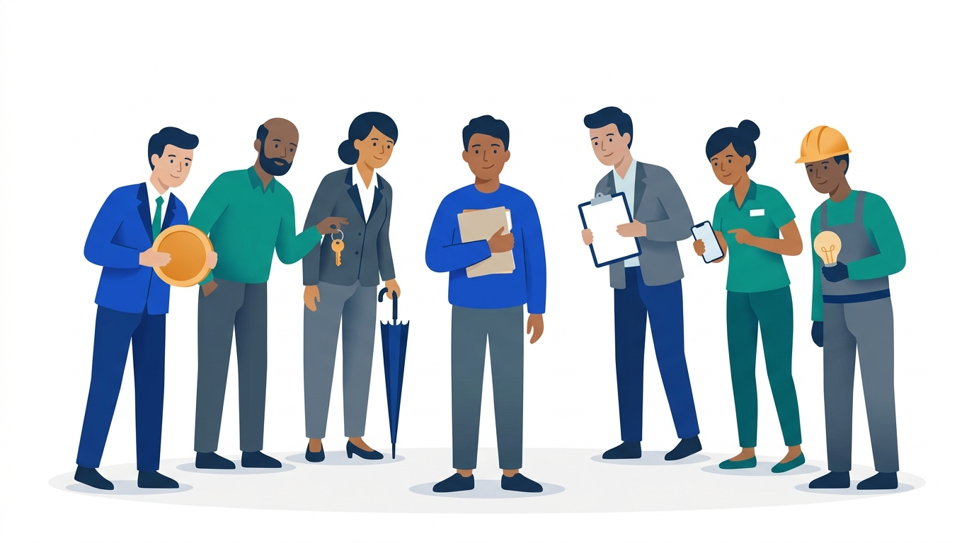 A person holds a folder at the center of a ring of onlookers: a banker, a landlord with keys, an insurance agent with an umbrella, an employer with a clipboard, a phone clerk, and a utility worker