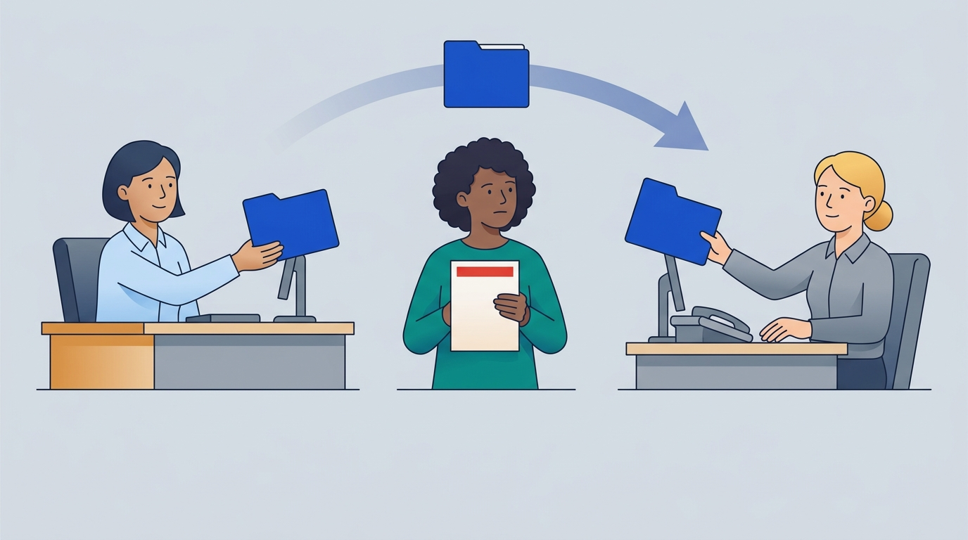 A folder is handed from a bank desk on the left to a collection office desk on the right while the person in the middle still holds the bill