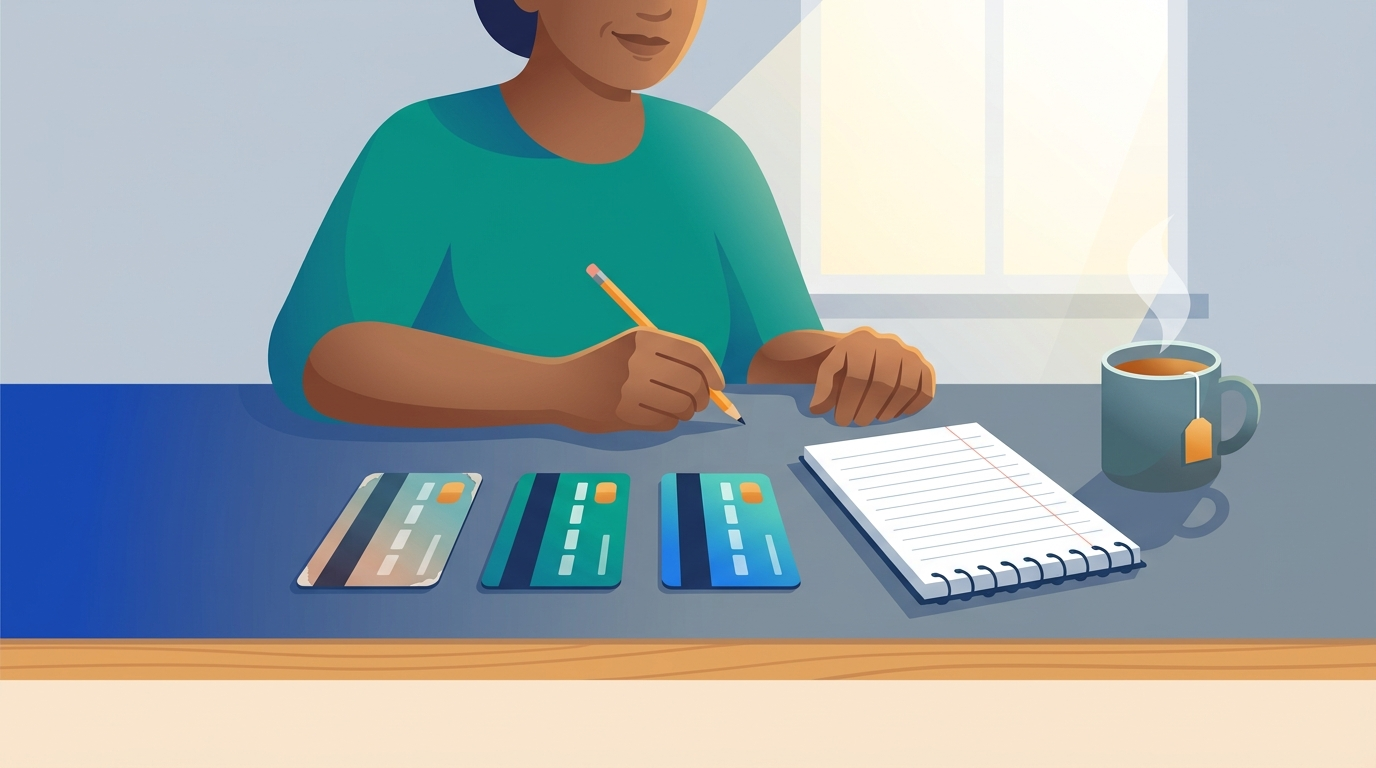A person at a kitchen table with three credit cards laid out in a row, a pencil, and a blank notepad, pausing to think before deciding