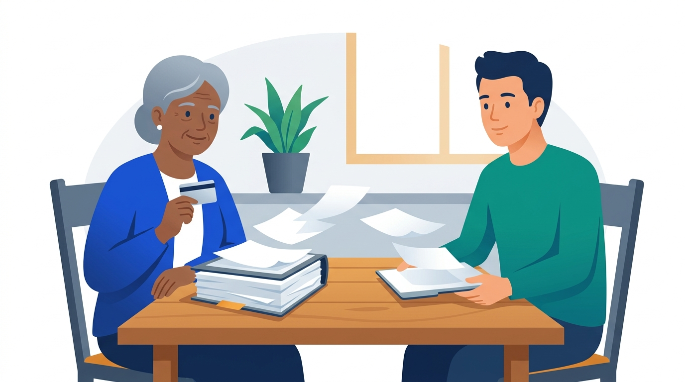 A grandmother and her adult grandson at a kitchen table, pages passing from her thick worn folder into his thin new one