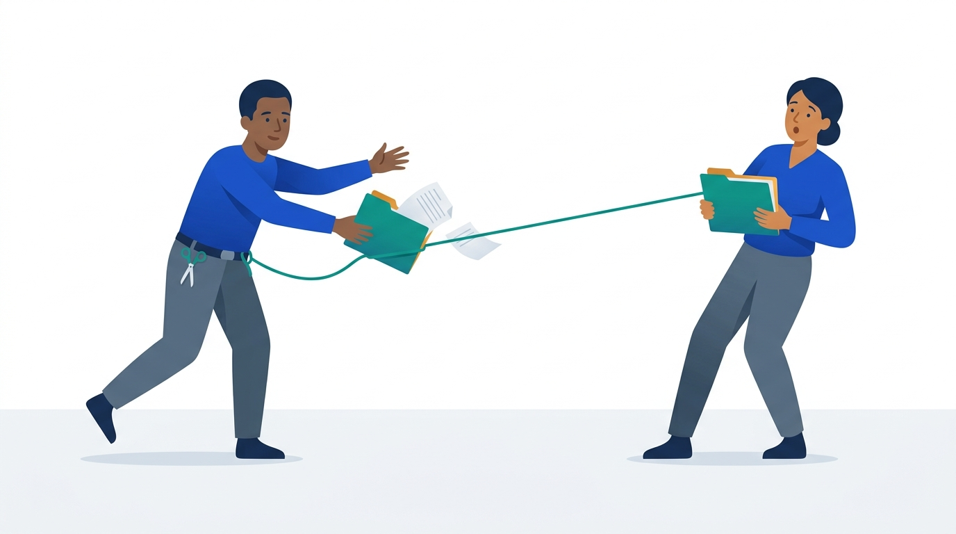 Two people each holding a folder, the folders joined by a cord; one person stumbles and the cord tugs the other folder toward them