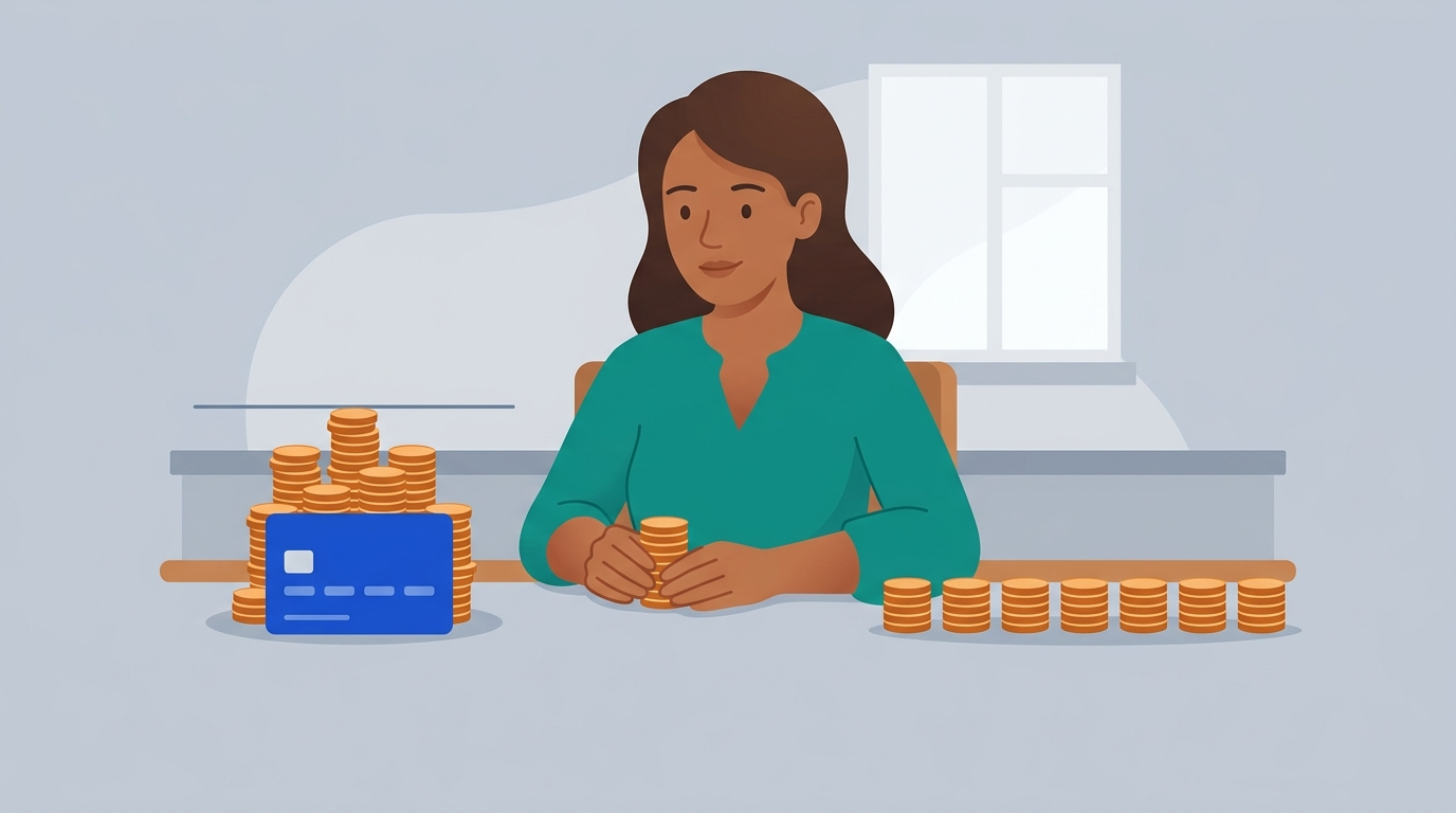 A woman at a table sliding a stack of coins toward a credit card buried under coins that almost reach a line above it, while a neat row of small equal coin stacks sits on her other side