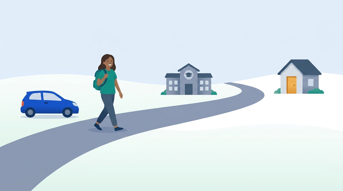 A young woman walking along a gently curving road that passes a small car, a school building, and a house in turn