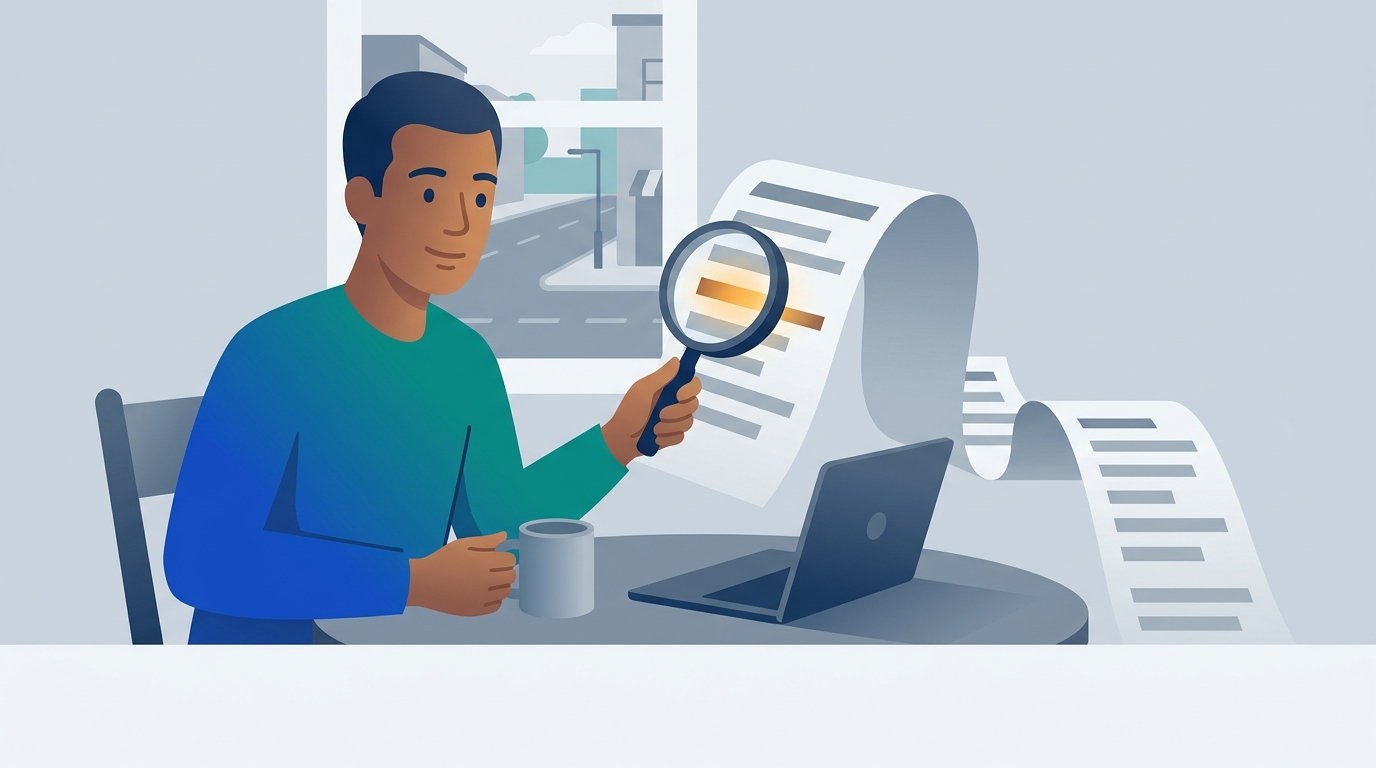 A man at a kitchen table reads a printed credit report with a magnifying glass. One line glows amber.