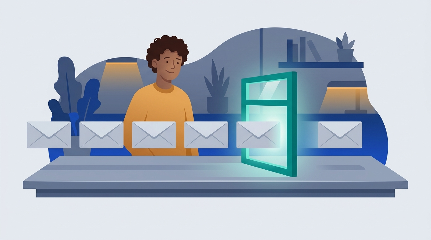Five colored envelopes glide through one open window frame and come out the other side as a single envelope, while a person holding car keys looks on.