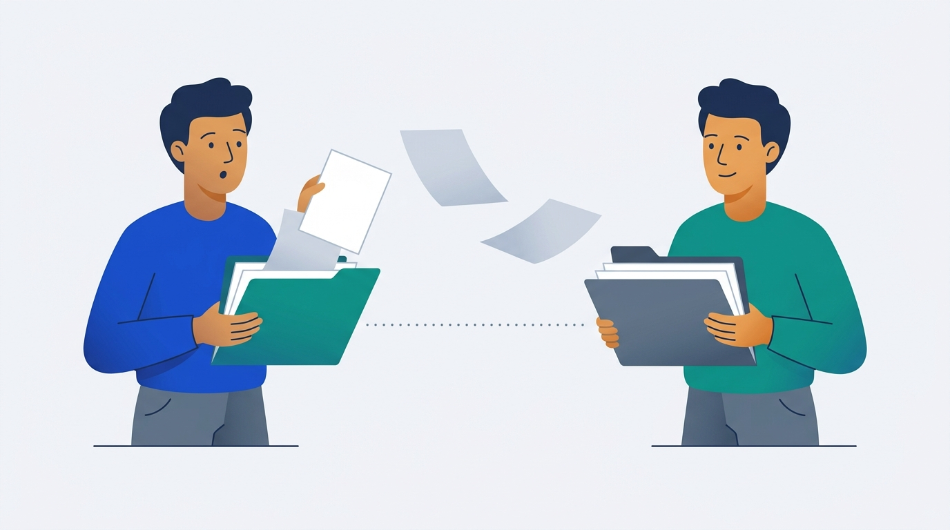 Two people with similar outlines each hold an open folder while a few loose pages drift from one folder into the other