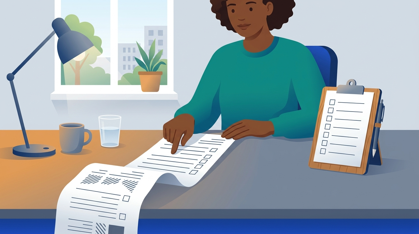A person at a desk runs a finger down a long printed report while a short checklist on a clipboard sits beside it