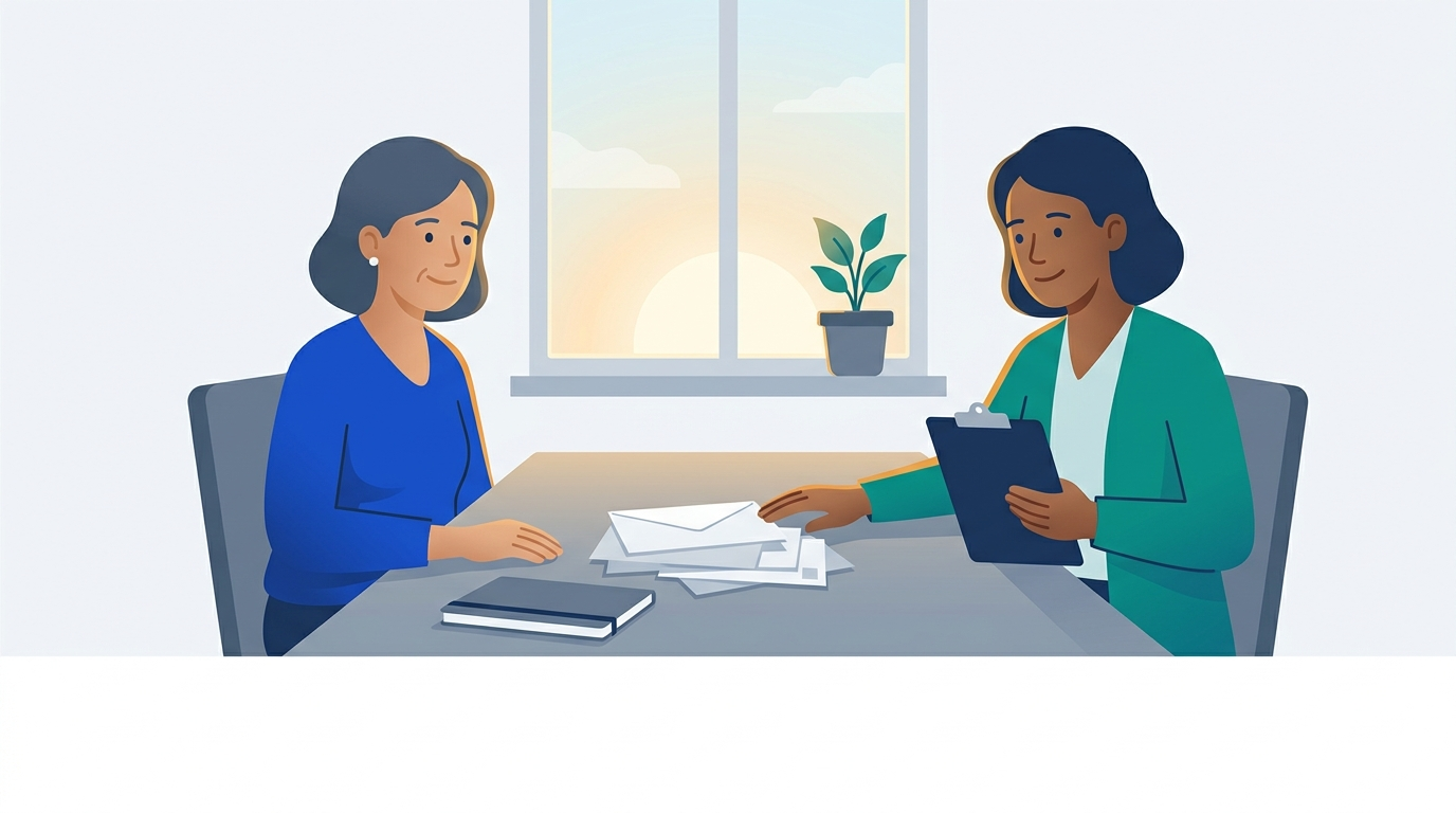 A worried woman and a calm counselor sit at a kitchen table with a neat pile of bills between them